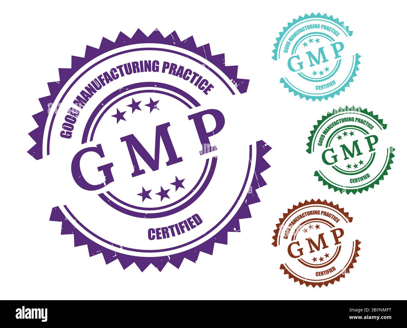 Raccolta di timbri GMP (Good Manufacturing Practice), vettori di etichette di produzione certificati Illustrazione Vettoriale