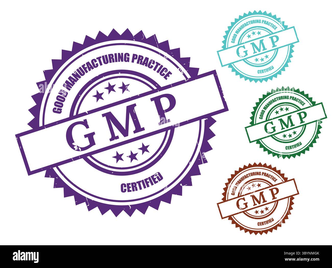 Un set di etichette con certificazione GMP, set di etichette in gomma per una produzione di qualità Illustrazione Vettoriale