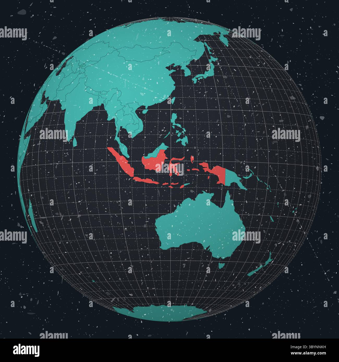 Indonesia su Globe. Look vintage con texture graffiata graffiata. Vista del paese sulla mappa del mondo con tavolozza di colori Turchese Dark Charcoal. Illustrazione Vettoriale