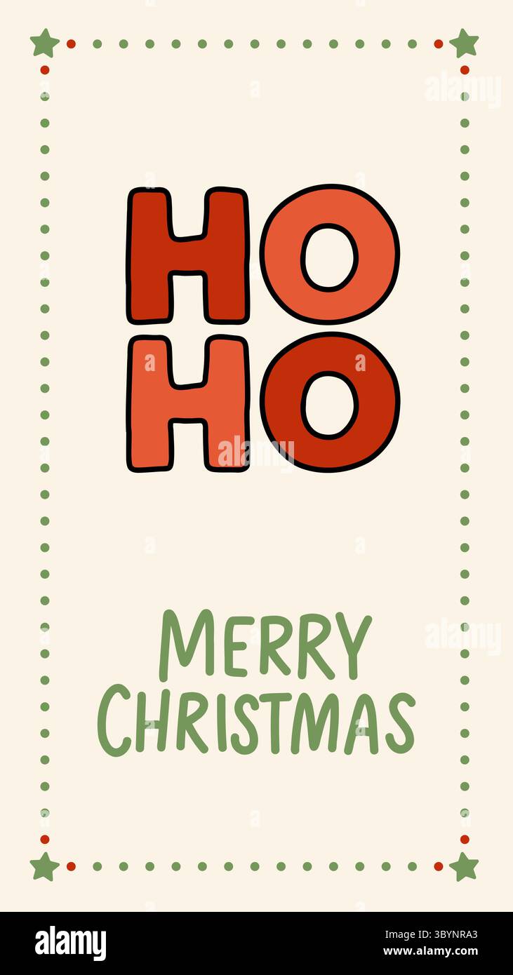 Allegra scritta natalizia HO HO HO in stile disegnato a mano con bordo festivo e buon saluto natalizio. Ideale per biglietti, banner, poster Illustrazione Vettoriale