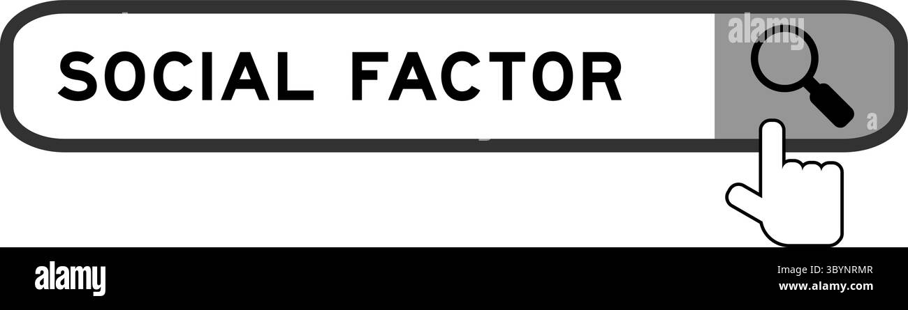 Cerca banner in parola fattore sociale con l'icona della lente di ingrandimento a mano su sfondo bianco Illustrazione Vettoriale