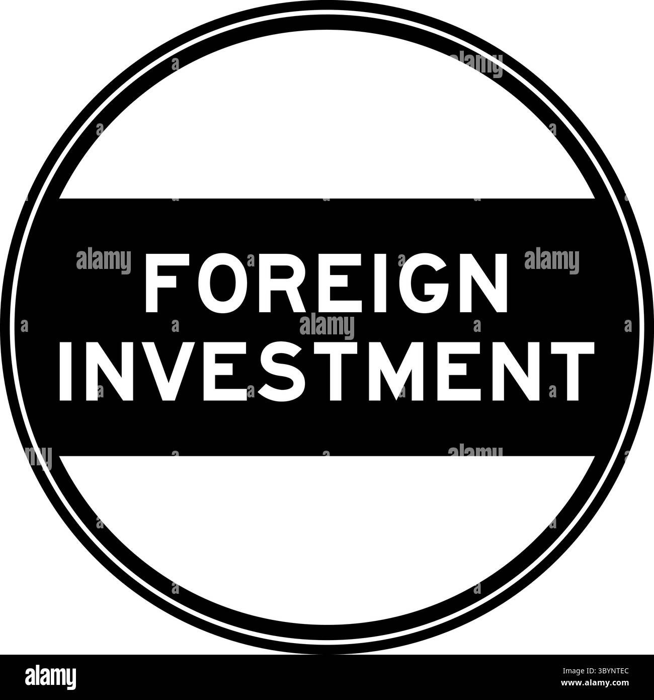 Adesivo rotondo nero con sigillo in parola investimenti stranieri su sfondo bianco Illustrazione Vettoriale