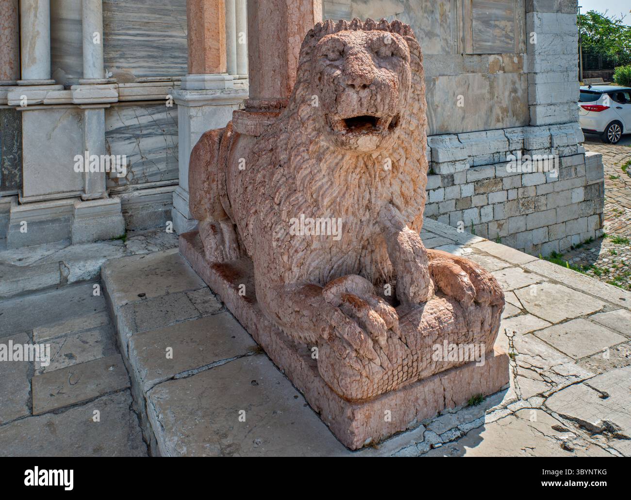 Leone di marmo rosso sul portale, Cattedrale di Ancona (Cattedrale di San Ciriaco), città di Ancona, regione delle Marche, Italia Foto Stock