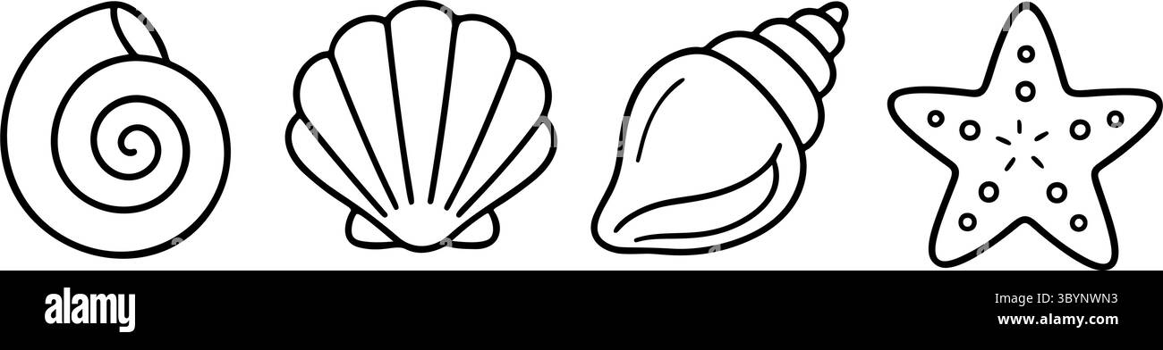 Conchiglia a spirale, conchiglia di capesante, conchiglia e un set di icone marine in bianco e nero con stelle marine. pulito, contorno, stile grafico. Per colorare libri, fare surf shop, modelli di tatuaggi, icone Web, stampe. Vettore Illustrazione Vettoriale