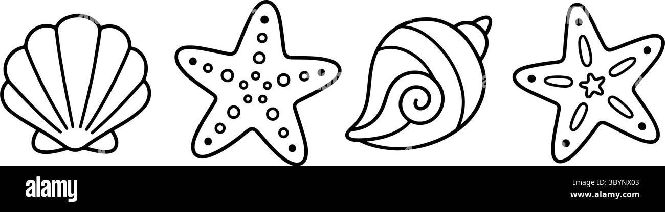 Conchiglia a spirale, conchiglia di capesante, conchiglia e un set di icone marine in bianco e nero con stelle marine. pulito, contorno, stile grafico. Per colorare libri, fare surf shop, modelli di tatuaggi, icone Web, stampe. Vettore Illustrazione Vettoriale