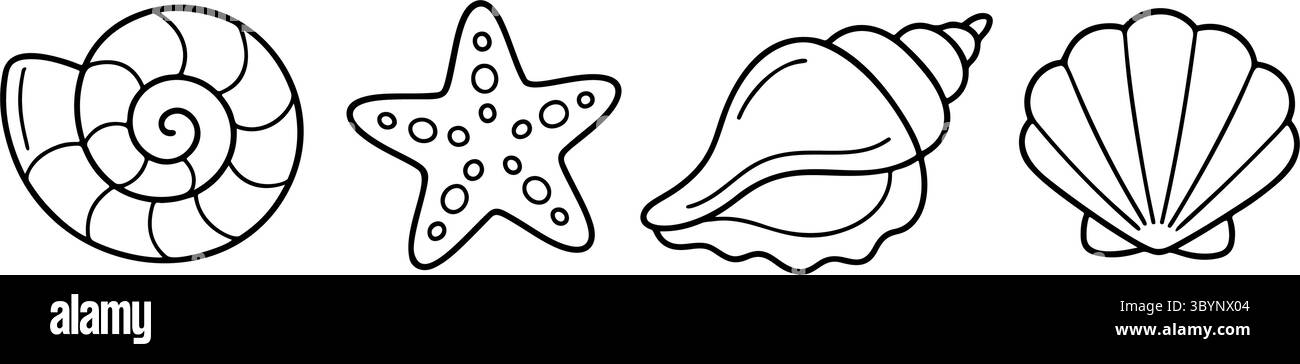 Conchiglia a spirale, conchiglia di capesante, conchiglia e un set di icone marine in bianco e nero con stelle marine. pulito, contorno, stile grafico. Per colorare libri, fare surf shop, modelli di tatuaggi, icone Web, stampe. Vettore Illustrazione Vettoriale