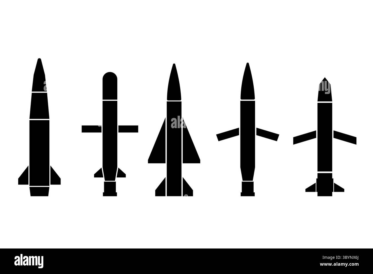 Missili razzo iconы impostato. Silhouette della testata atomica. Illustrazione vettoriale. Illustrazione Vettoriale