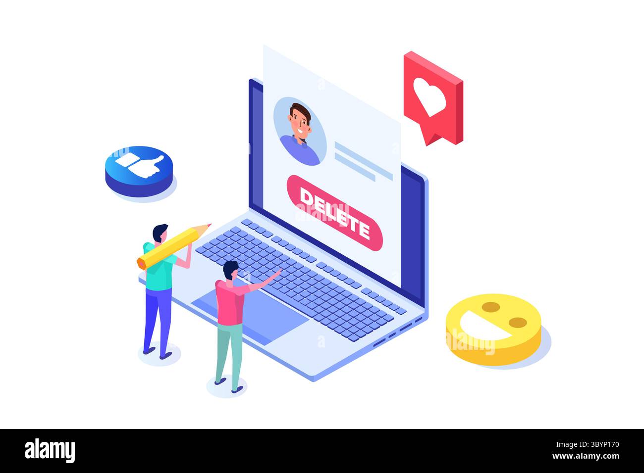 Rimuovere o eliminare l'account social o il concetto di profilo. Illustrazioni vettoriali isometriche per banner, sito Web, landing page, volantino. Illustrazione Vettoriale