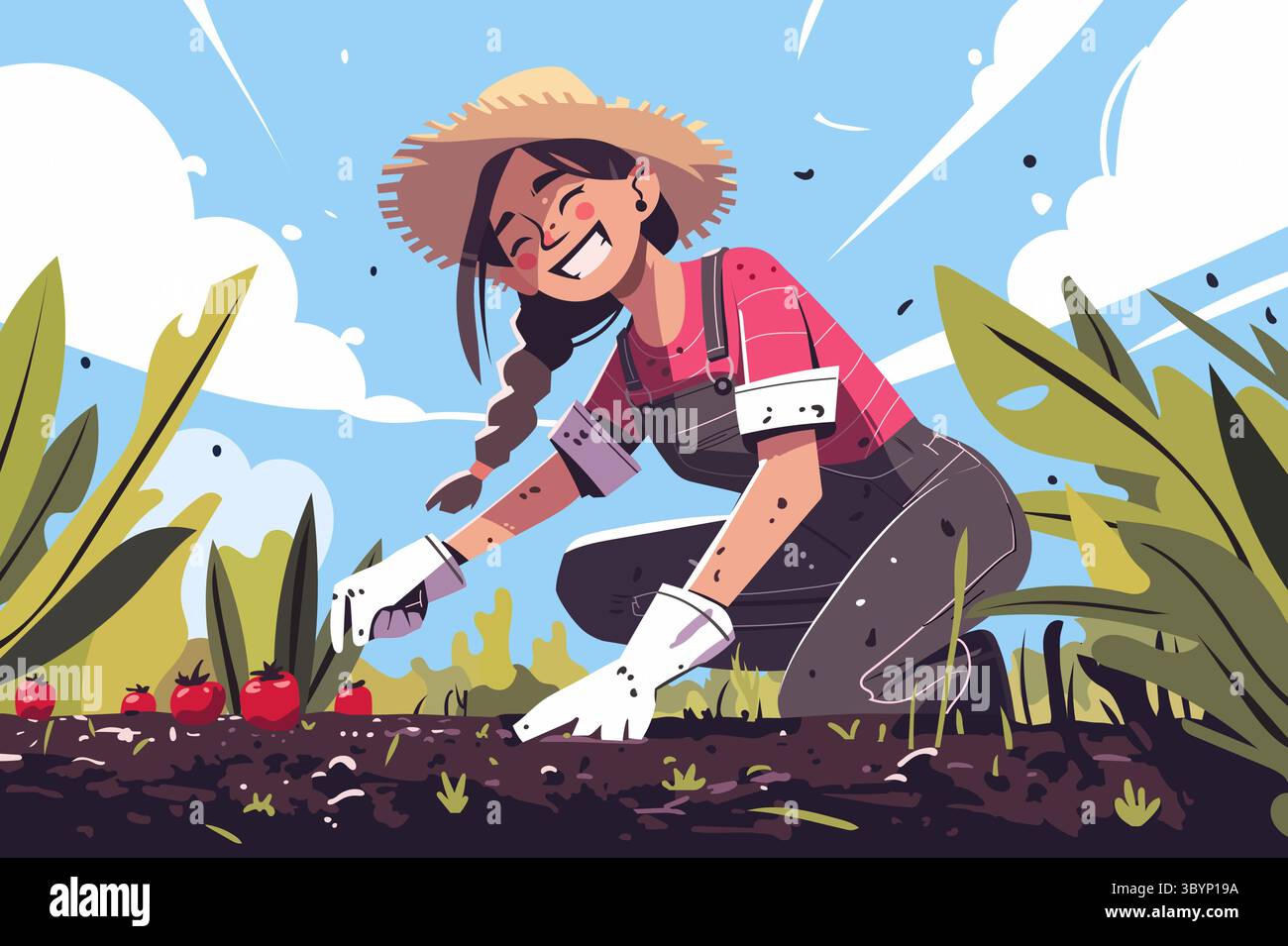 Giovane donna sorridente che raccoglie pomodori in un giardino soleggiato. Illustrazione vettoriale in stile cartoni animati di donne contadine felici che amano l'agricoltura biologica all'aperto. Illustrazione Vettoriale