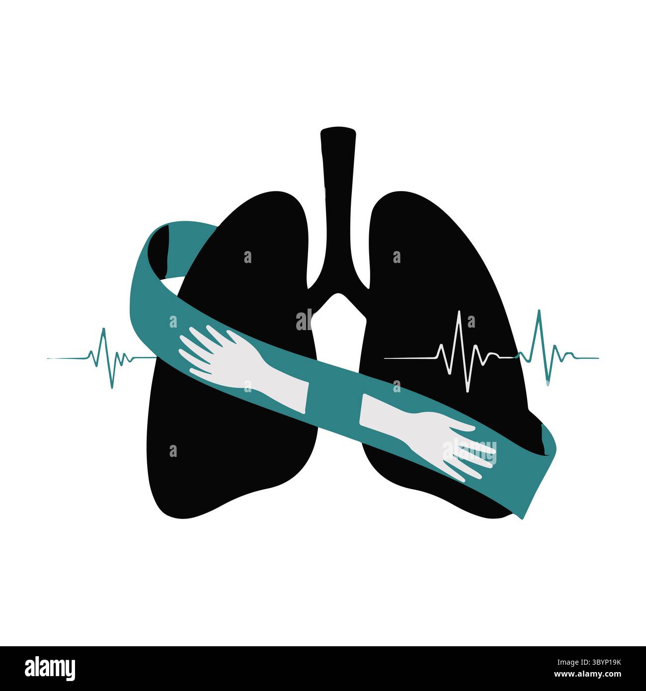 Polmone nero nastro di tè mani bianche battito cardiaco linea di consapevolezza grafica, giornata mondiale del cancro ai polmoni. Illustrazione Vettoriale