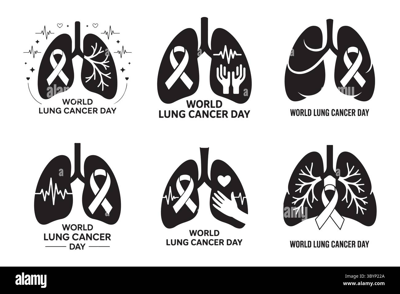 Serie di illustrazioni sui nastri e sui polmoni della giornata mondiale del cancro ai polmoni Illustrazione Vettoriale