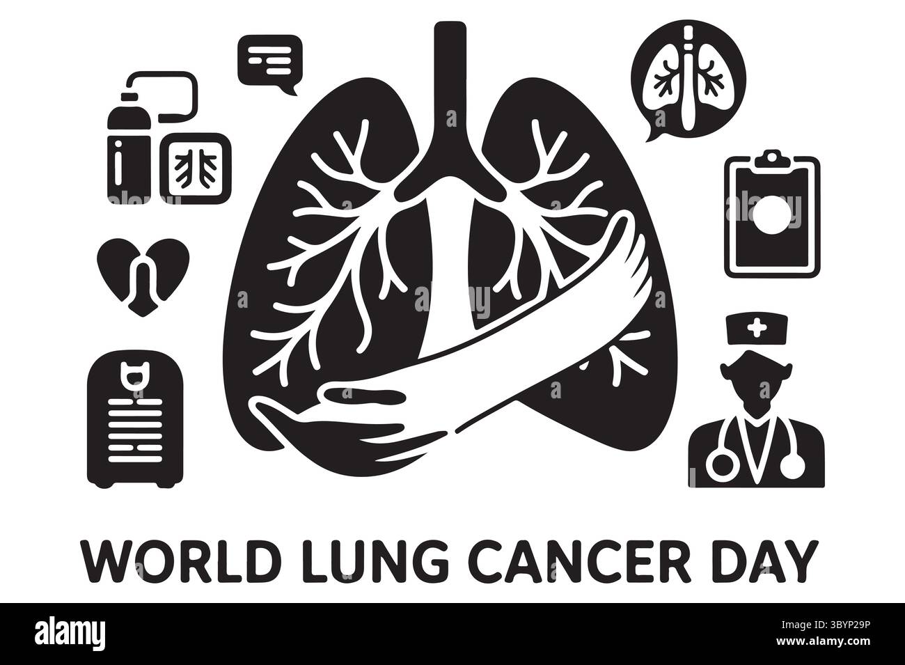 Consapevolezza mondiale del cancro ai polmoni giorno con i polmoni e le mani di aiuto Illustrazione Vettoriale