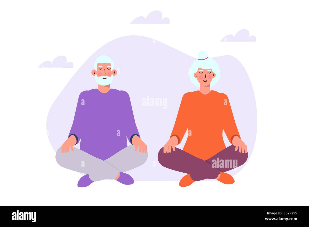 Meditare una coppia anziana. Illustrazioni vettoriali per banner, sito Web, landing page, volantino. Illustrazione Vettoriale