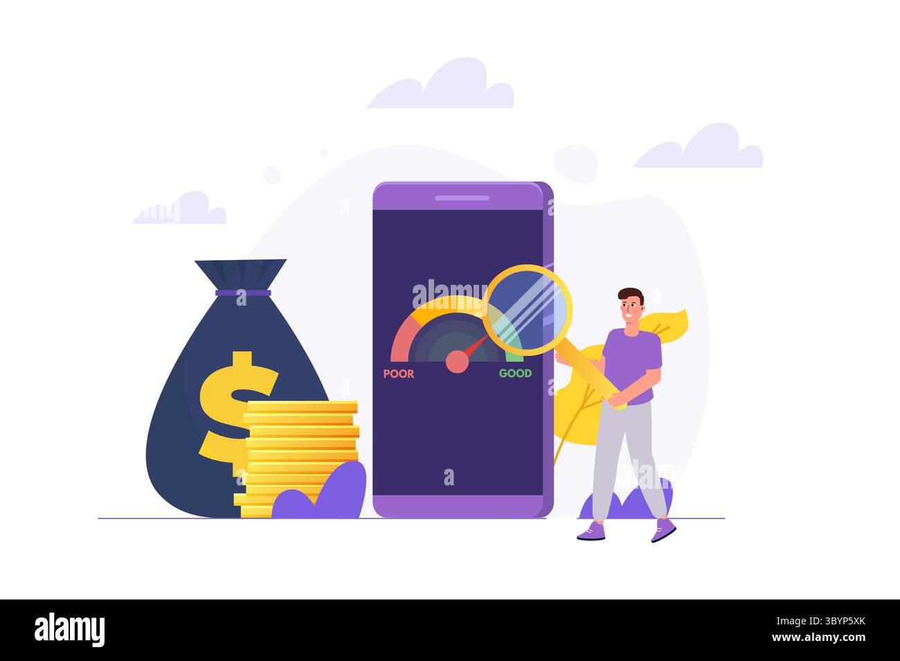 App per il punteggio di credito con una scala di valutazione da scarsa a buona. Illustrazione vettoriale. Illustrazione Vettoriale