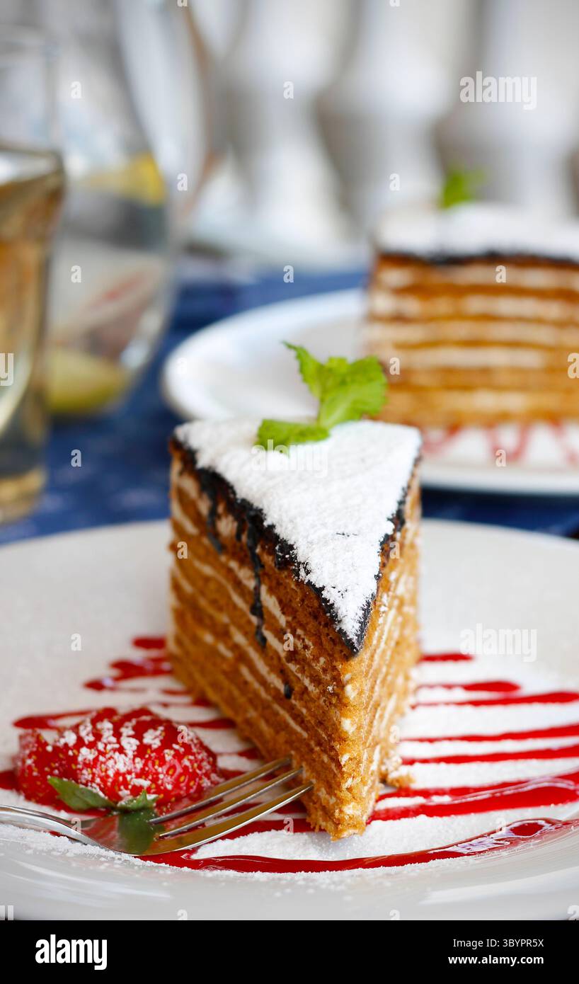 Primo piano della tradizionale torta al miele Ucraina con 14 strati, ricoperta di glassa di cioccolato e zucchero a velo, servita su un piatto bianco con salsa rossa Foto Stock