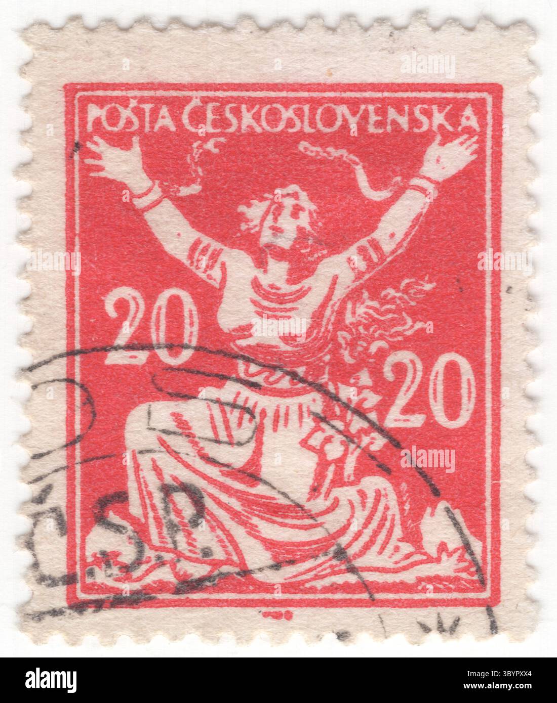 CECOSLOVACCHIA - 1920 giugno 22: 20 haléř rosa francobollo raffigurante allegoria stilizzata Cecoslovacchia che rompe catene alla libertà. La libertà è il potere o il diritto di parlare, agire e cambiare come si vuole senza ostacoli o restrizioni. La libertà è spesso associata alla libertà e all'autonomia nel senso di "dare le proprie leggi”. La filosofia e la religione a volte lo associano al libero arbitrio, come alternativa al determinismo o alla predestinazione. Nelle moderne nazioni di libertà, la libertà è considerata un diritto, specialmente la libertà di parola, la libertà di religione e la libertà di stampa Foto Stock