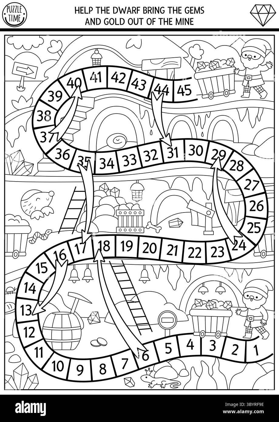 Gioco da tavolo nero e bianco nano per bambini con gnomi, paesaggio sotterraneo delle miniere. Gioco da tavolo da fiaba, pagina da colorare con la grotta delle miniere d'oro Illustrazione Vettoriale