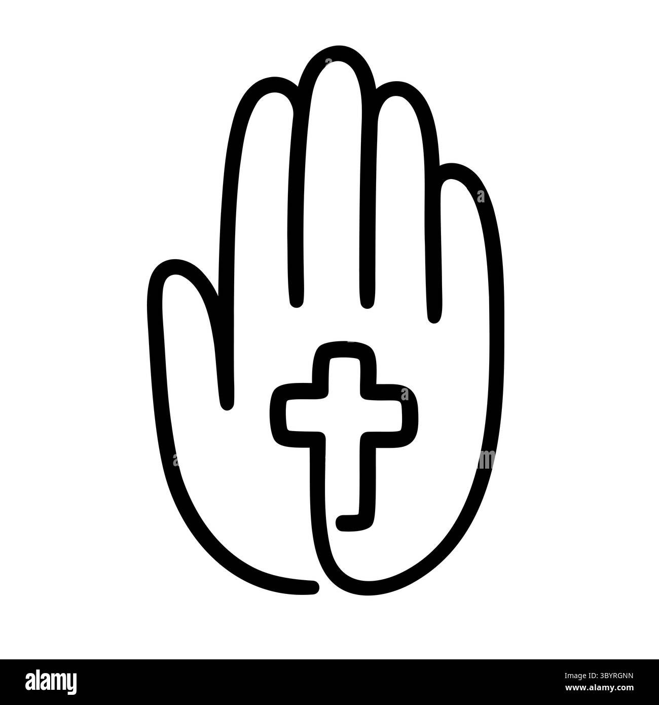 Mano umana con contorno a croce cristiana, logo disegnato a mano in stile doodle. Fede, spiritualità, culto. Illustrazione vettoriale a linea singola, elemento di progettazione. Illustrazione Vettoriale