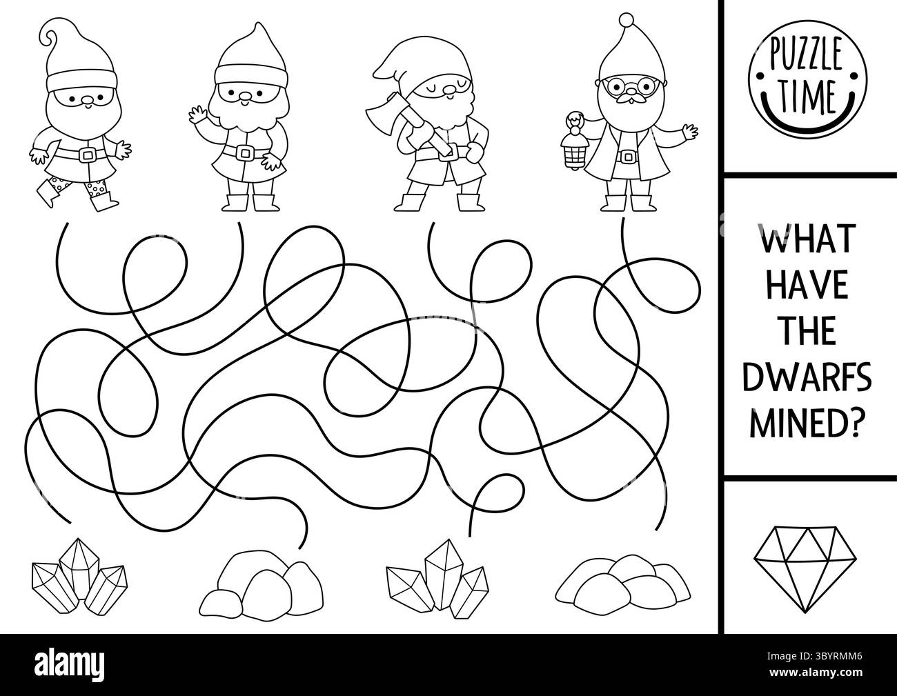 Labirinto nano bianco e nero per bambini con simpatici minatori di elfi, gemme e metalli. Attività stampabile in età prescolare da favola. Gioco labirinto boschivo, colorazione p Illustrazione Vettoriale