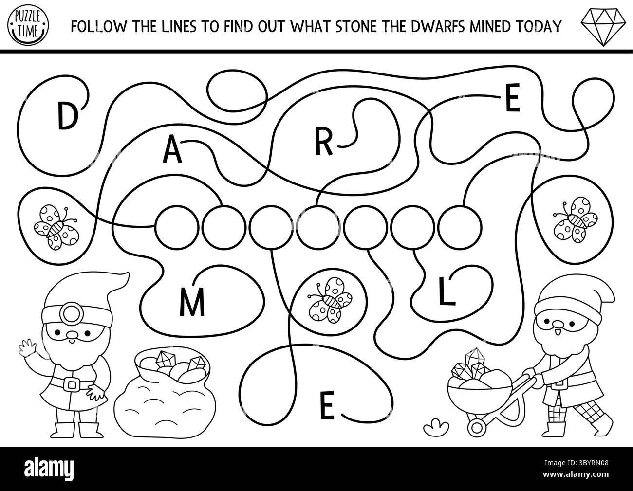 ABC gioco a labirinto bianco e nero con nani operai, pietre preziose. Labirinto dell'alfabeto delle fiabe o pagina da colorare per i bambini. Seguire le linee per f Illustrazione Vettoriale