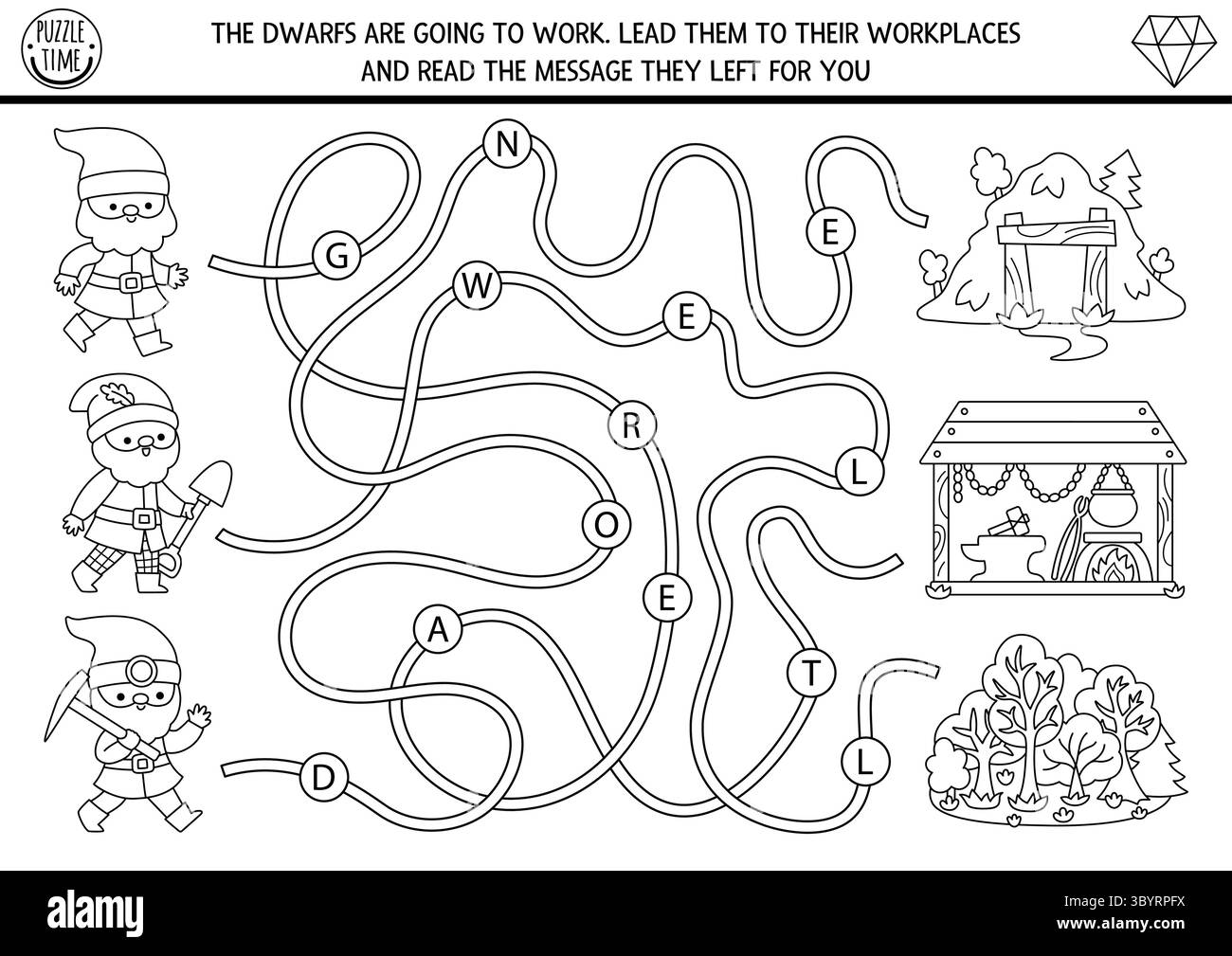Labirinto nano bianco e nero per bambini con minatore di elfi, forestiere, fabbro e lettere. Attività stampabile da favola. Fantasy labirinto gioco, colorazione p Illustrazione Vettoriale