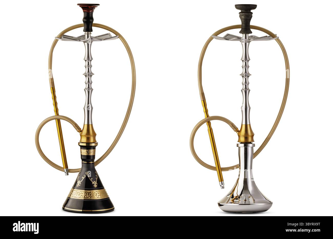 Un gruppo di hookah o pipe d'acqua in vetro e oro moderno e tradizionale, isolati su uno sfondo bianco e perfettamente chiaro Foto Stock