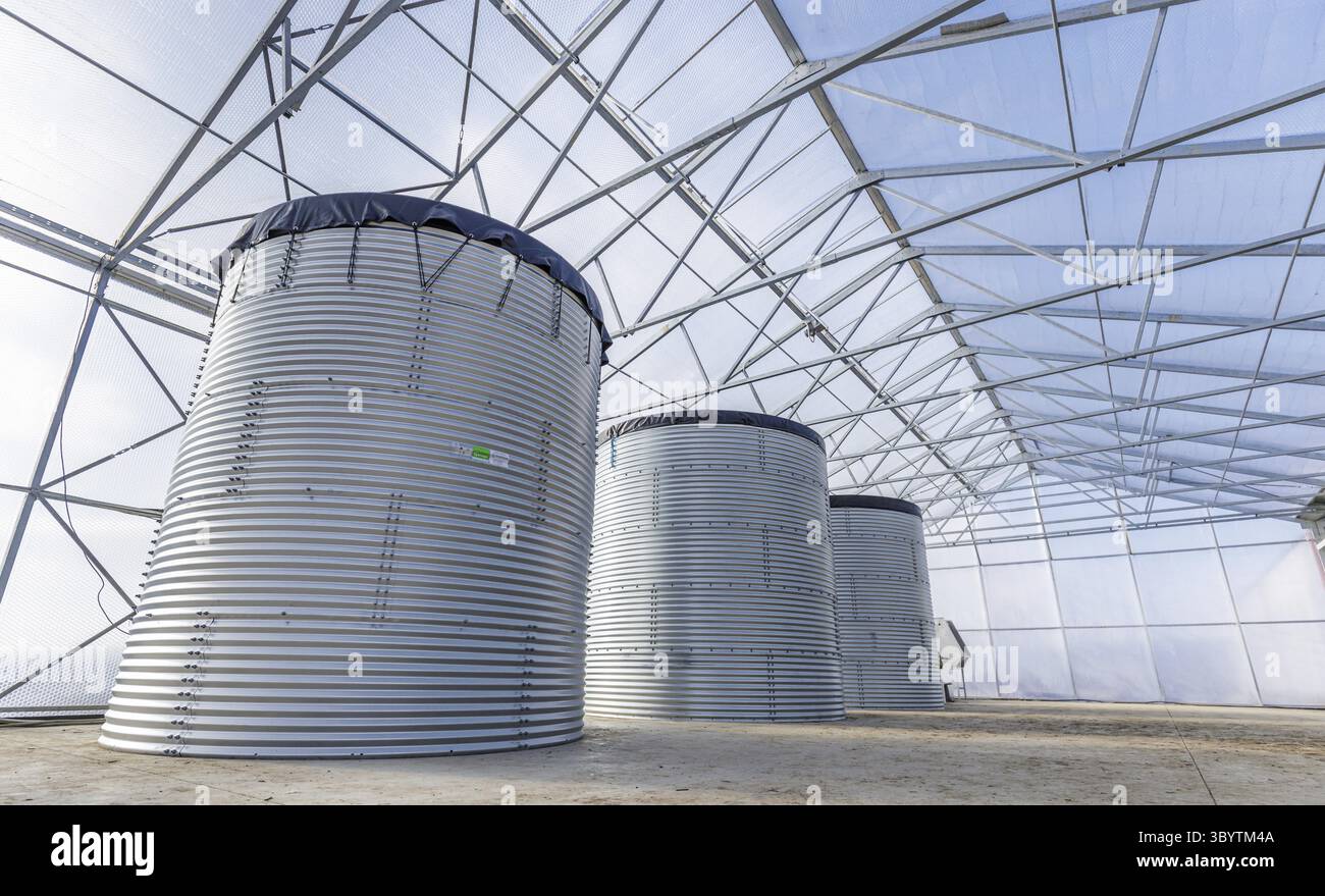 Concetto di orticoltura in una serra vuota con tre enormi acque serbatoio di stoccaggio Foto Stock