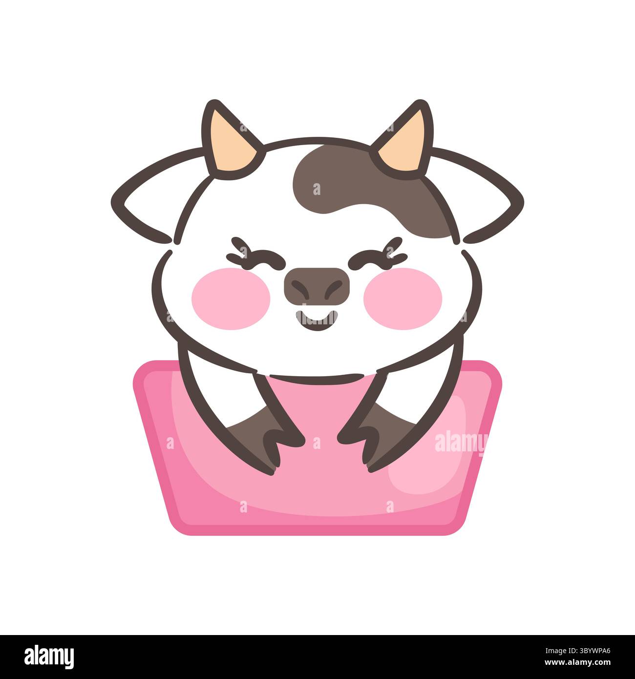 Una simpatica vacca kawaii con guance arrossate e un'espressione gioiosa. Illustrazione Vettoriale