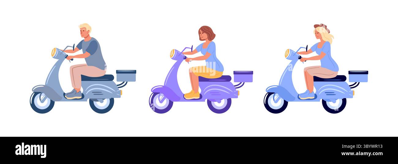 Tre persone alla moda e alla moda che guidano con gioia gli scooter, che mostrano uno stile di vita urbano divertente e spensierato Illustrazione Vettoriale