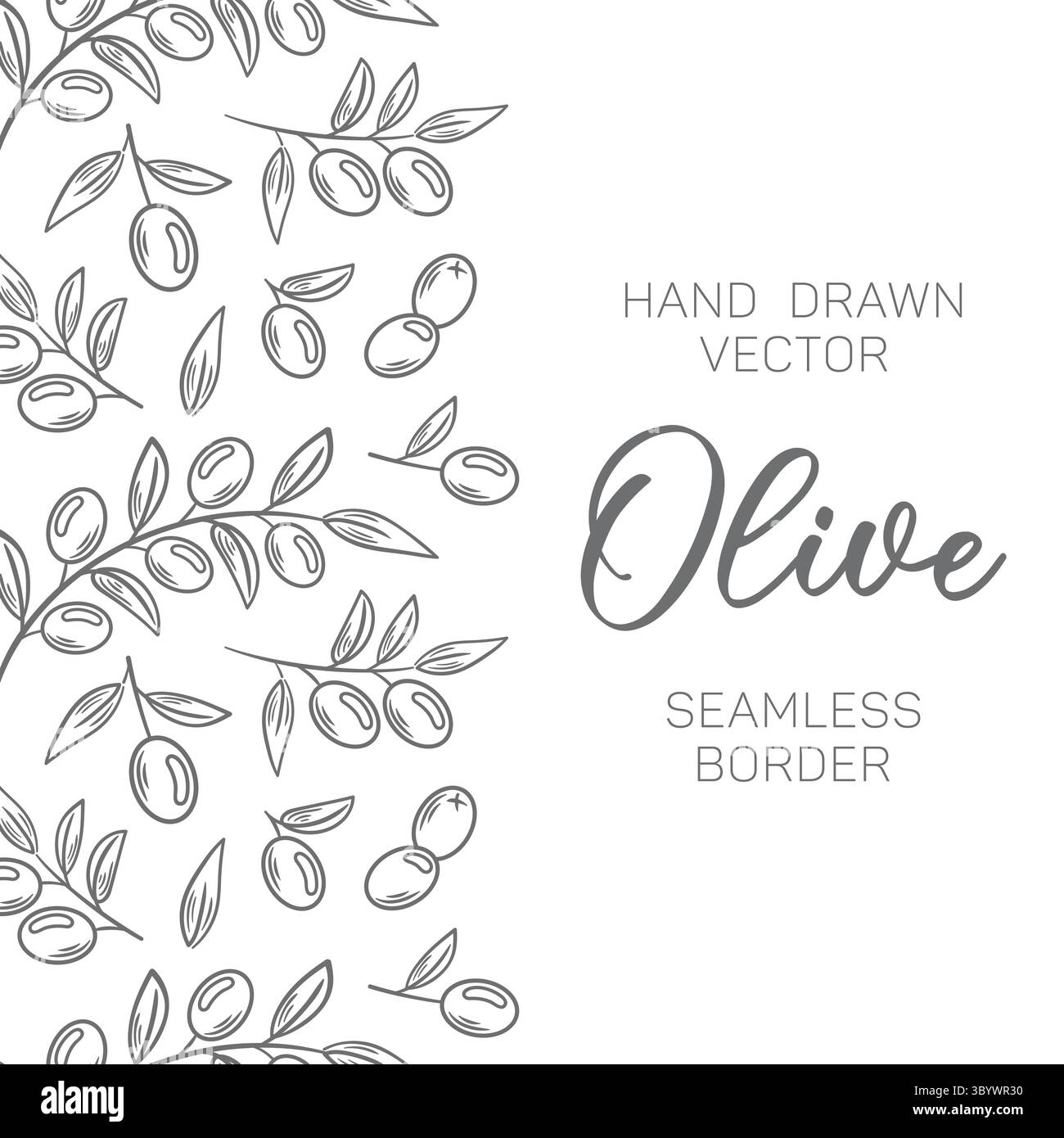 Cornice verticale senza cuciture di rami di ulivo e frutta, schizzo dettagliato. Concetto di stile di vita sano. Per tessuto, imballaggio, sfondo, involucro Illustrazione Vettoriale