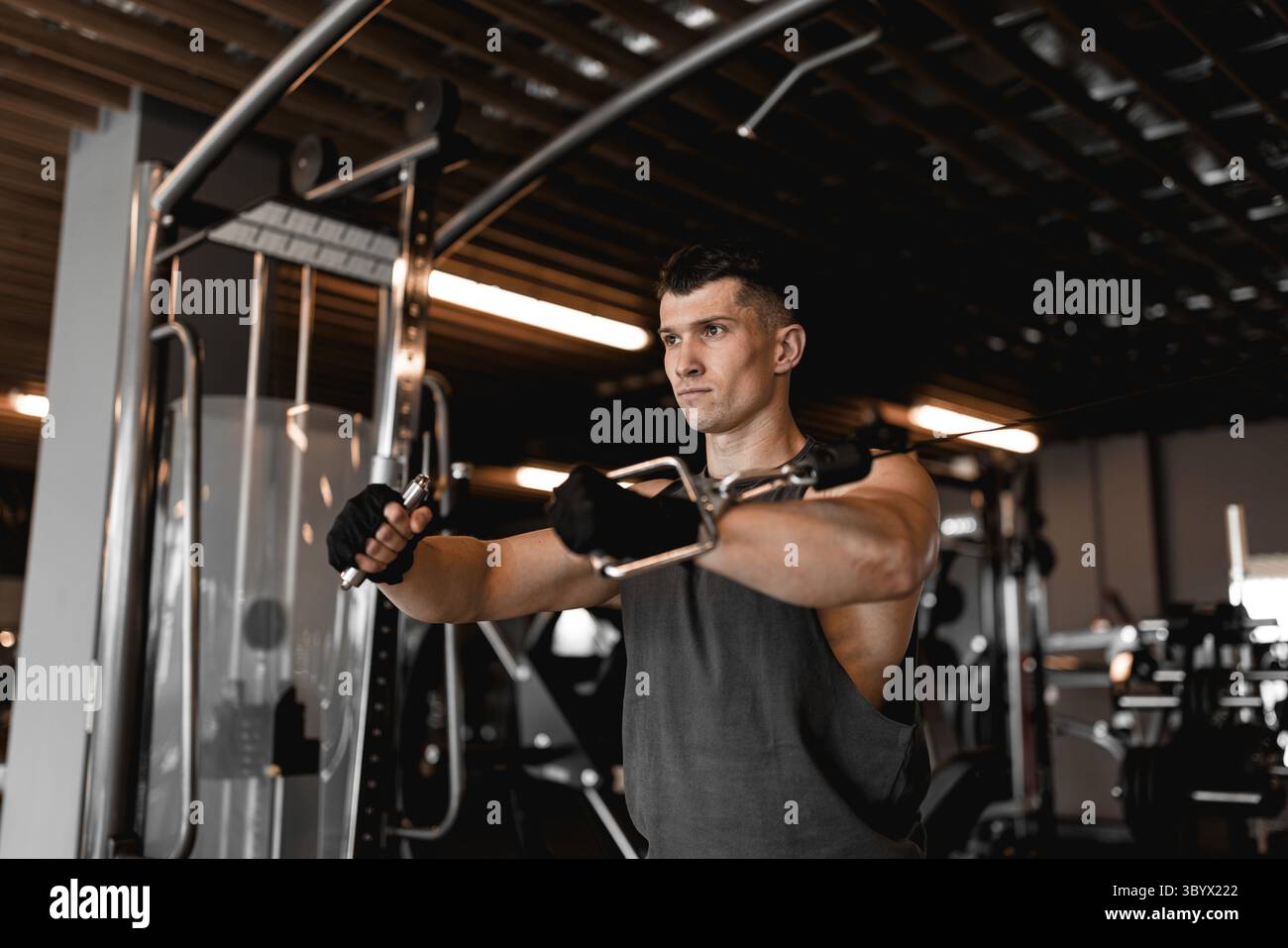 Modello maschile allenarsi in una moderna palestra con diverse attrezzature di allenamento in background Foto Stock Modello maschile allenarsi in una moderna palestra con diverse attrezzature di allenamento in background Foto Stock