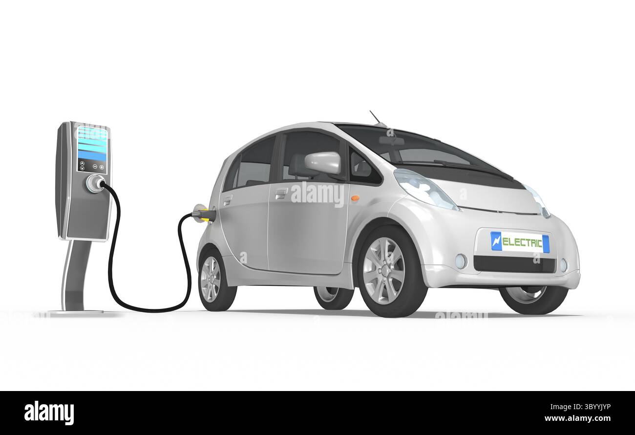 auto elettrica 3d grigia alla stazione di ricarica, isolata Foto Stock