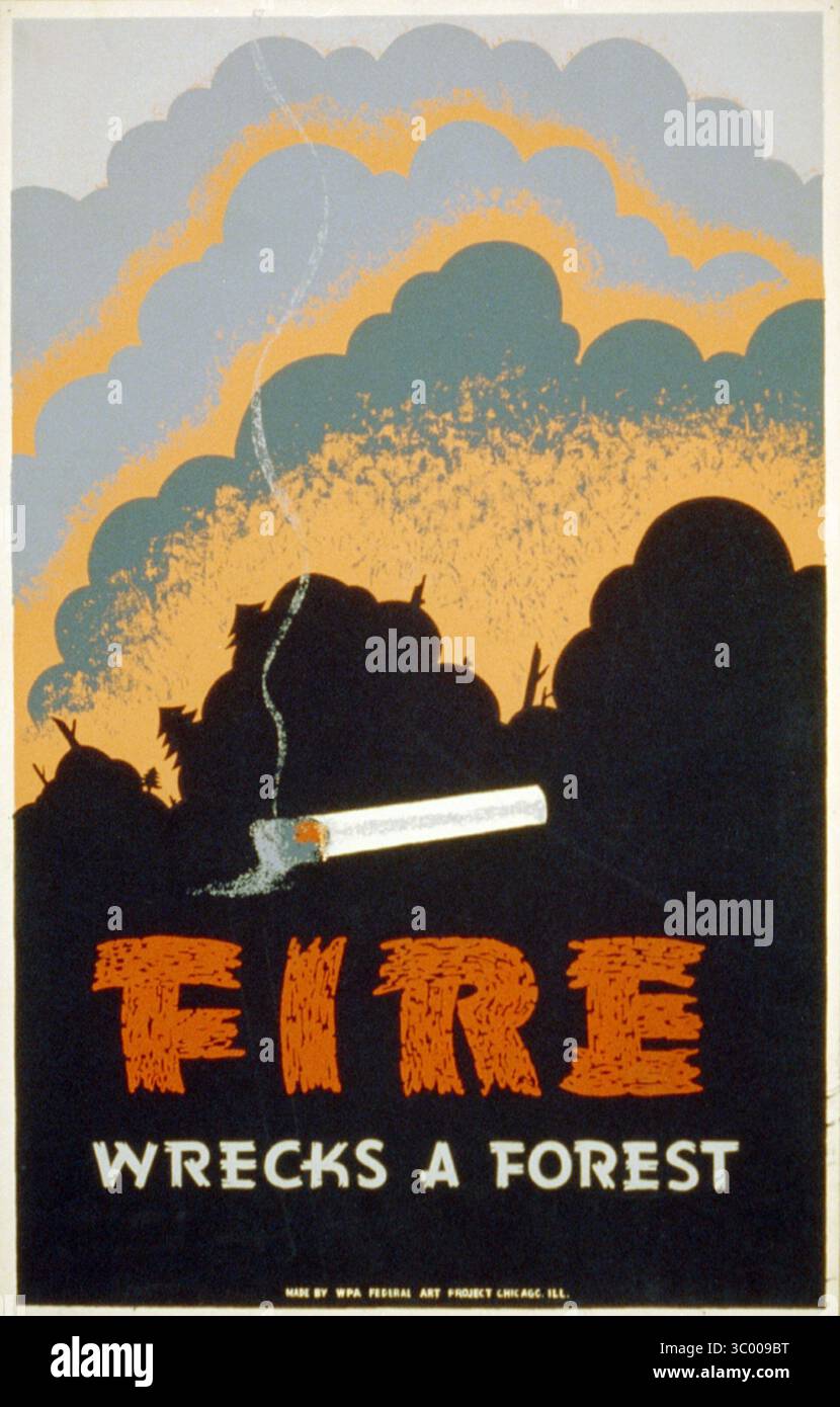 Poster per la prevenzione degli incendi boschivi che mostra una sigaretta in fiamme e un incendio boschivo intorno al 1939, WPA Federal Art Project, USA Foto Stock
