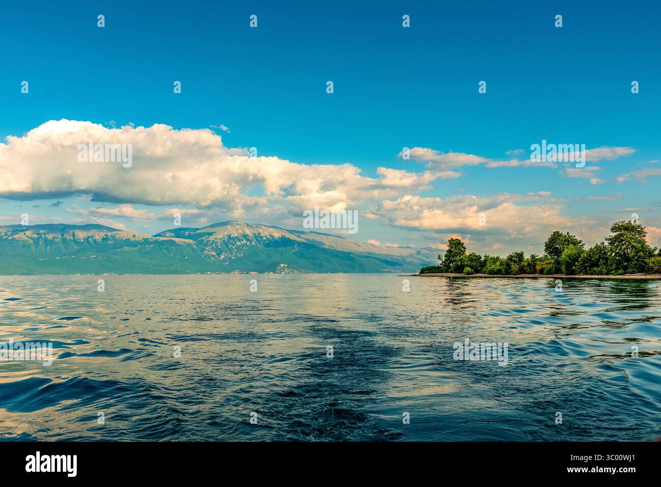 Lago di Ocrida con montagne e alberi di linea costiera in Albania sotto il cielo blu Foto Stock