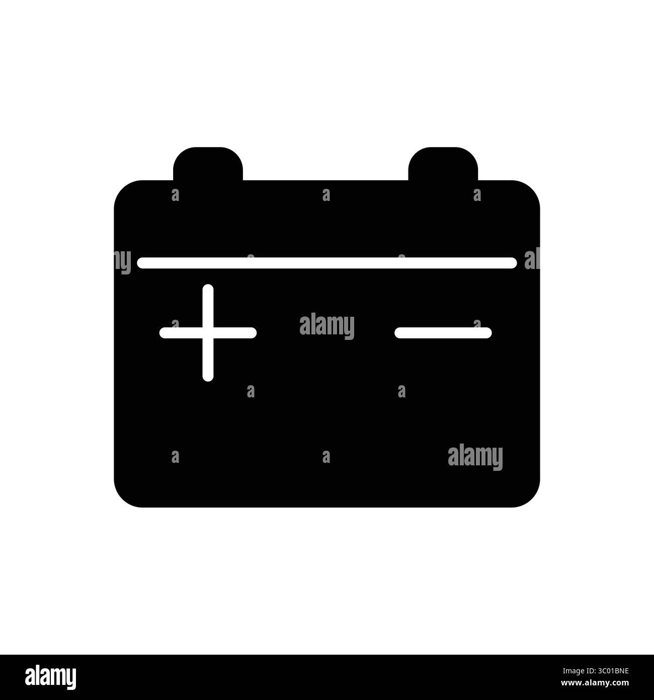 Un'icona nera semplice della batteria con simboli dei terminali positivo e negativo. Ideale per progetti relativi all'energia, illustrazioni tecnologiche o grafici Illustrazione Vettoriale