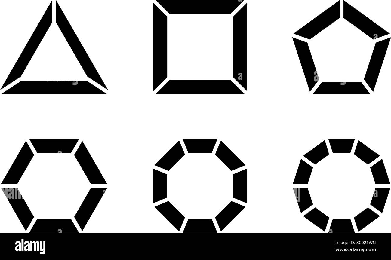 Cornici geometriche di base divise in segmenti uguali isolati su sfondo bianco. Forme triangolari, quadrate e pentagoni, esagonali, ottagoni e decagoni tagliate in frazioni. Illustrazione grafica vettoriale. Illustrazione Vettoriale