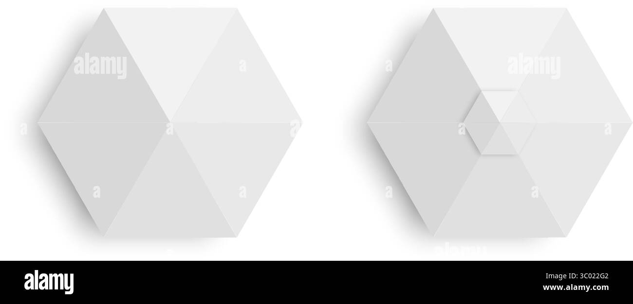Vista dall'alto delle tende. Ombrelloni gazebo a forma esagonale. Eventi o ombrelloni sulla spiaggia. Posizionarsi in piedi con le tende d'ombra. Modelli di tettoia del mercato isolati su sfondo bianco. Illustrazione realistica vettoriale. Illustrazione Vettoriale