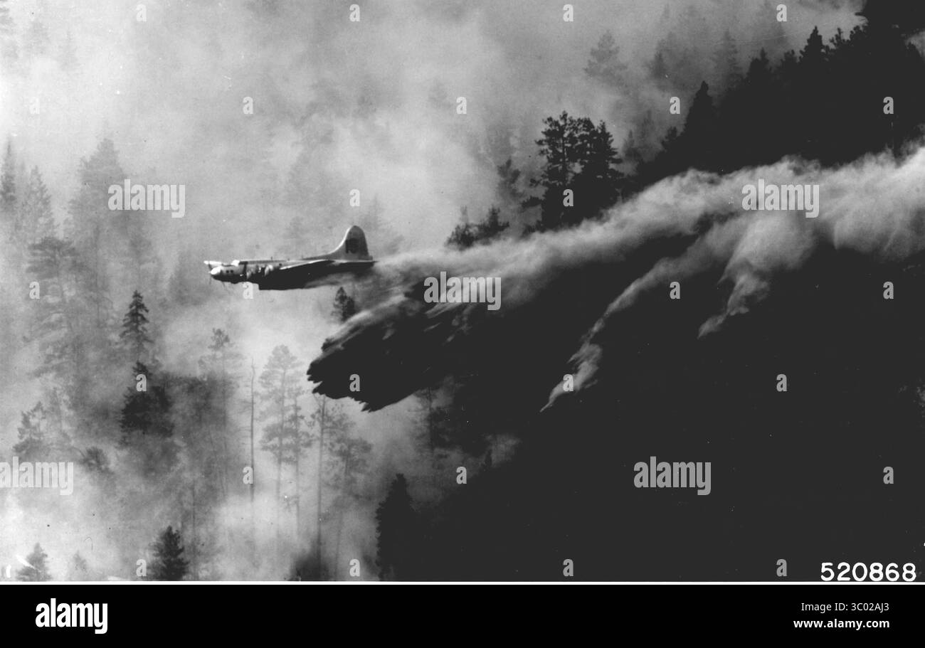Foto in bianco e nero di un'aerocisterna che cade ritardante di incendio su un incendio o un incendio boschivo, USDA Forest Service Foto Stock