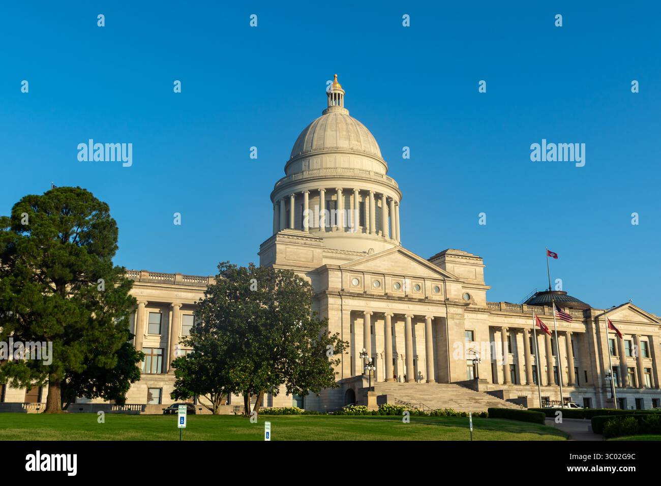 Dettagli esterni dell'edificio del Campidoglio dell'Arkansas con il cielo blu alle spalle. Foto Stock