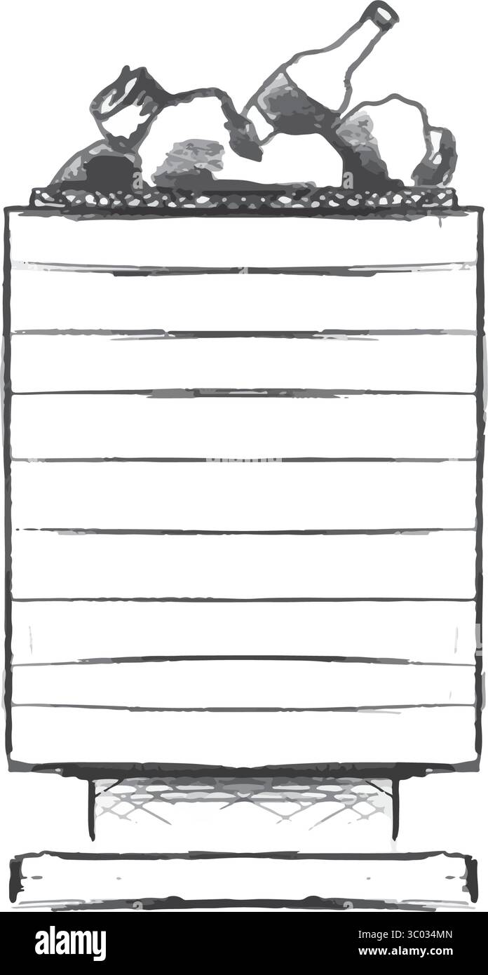 Si tratta di un'illustrazione unica e creativa che raffigura un contenitore di rifiuti che trabocca di varie bottiglie e lattine. Illustrazione vettoriale disegnata a mano in grafica in bianco e nero. Illustrazione Vettoriale