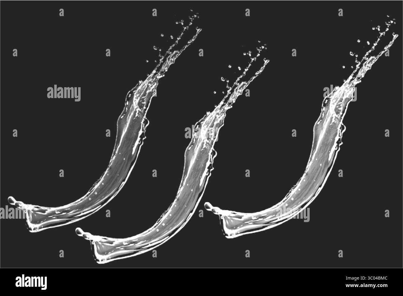 Tre spruzzi d'acqua dinamici su uno sfondo scuro Illustrazione Vettoriale