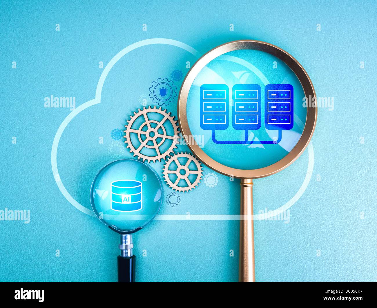 AI Data center, gestione del cloud computing, concetto di infrastruttura digitale. Icona del data center AI e simbolo del database in una lente di ingrandimento, che funziona bene Foto Stock