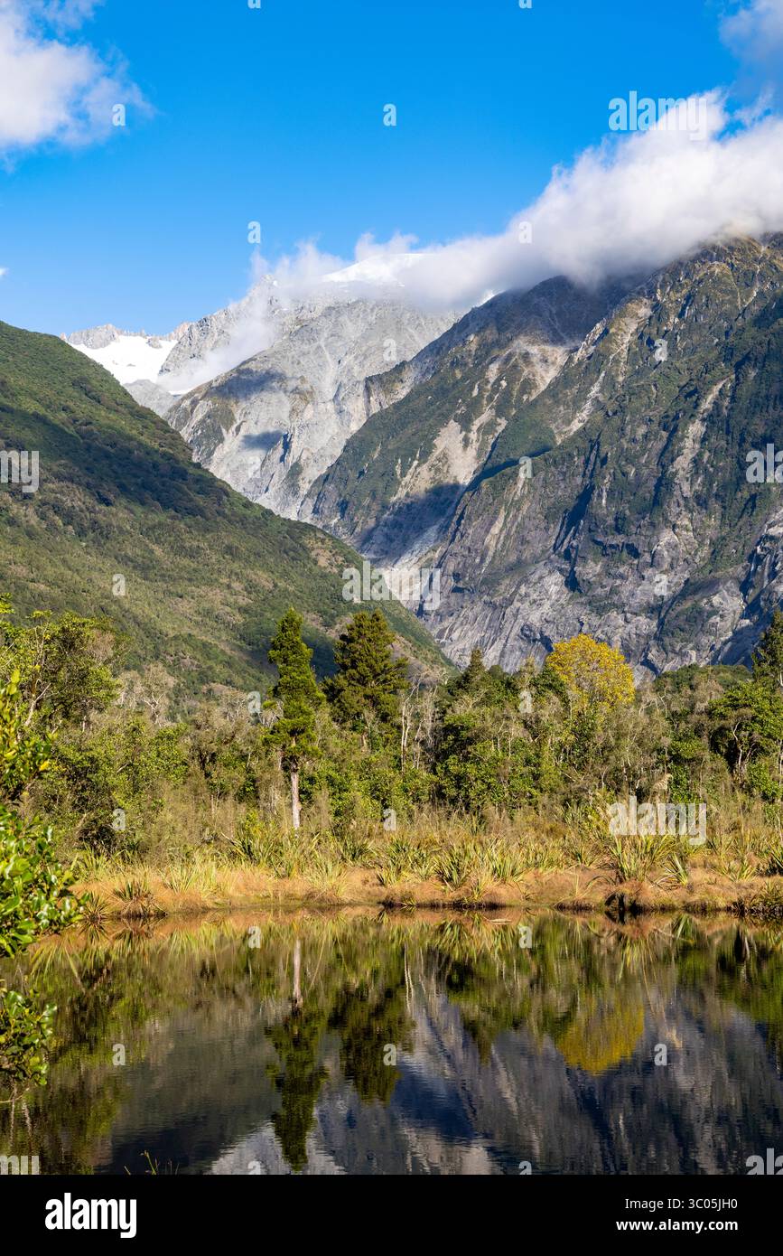 Nuova Zelanda, Peters Pool e riflesso della valle del Ghiacciaio Franz Josef e della catena montuosa, prende il nome da Peter Westland, Isola del Sud, nuova Zelanda Foto Stock