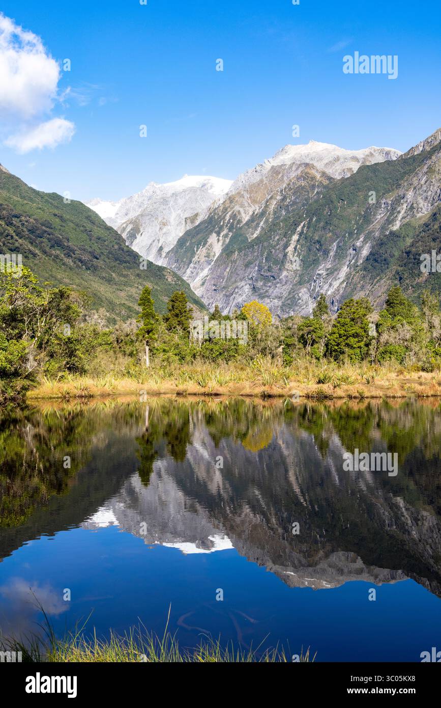 Nuova Zelanda, Peters Pool e riflesso della valle del Ghiacciaio Franz Josef e della catena montuosa, prende il nome da Peter Westland, Isola del Sud, nuova Zelanda Foto Stock