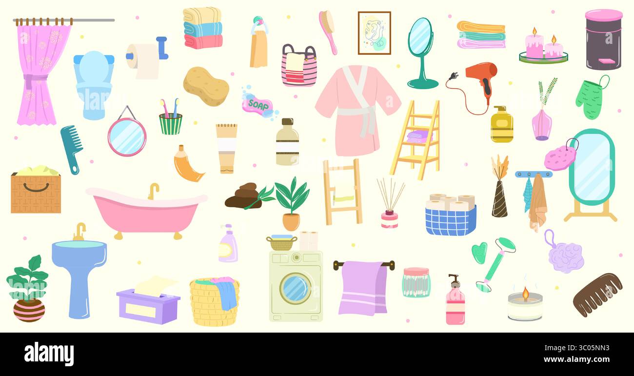 Collezione illustrata di articoli da bagno per il benessere della casa. Illustrazione vettoriale. Illustrazione Vettoriale