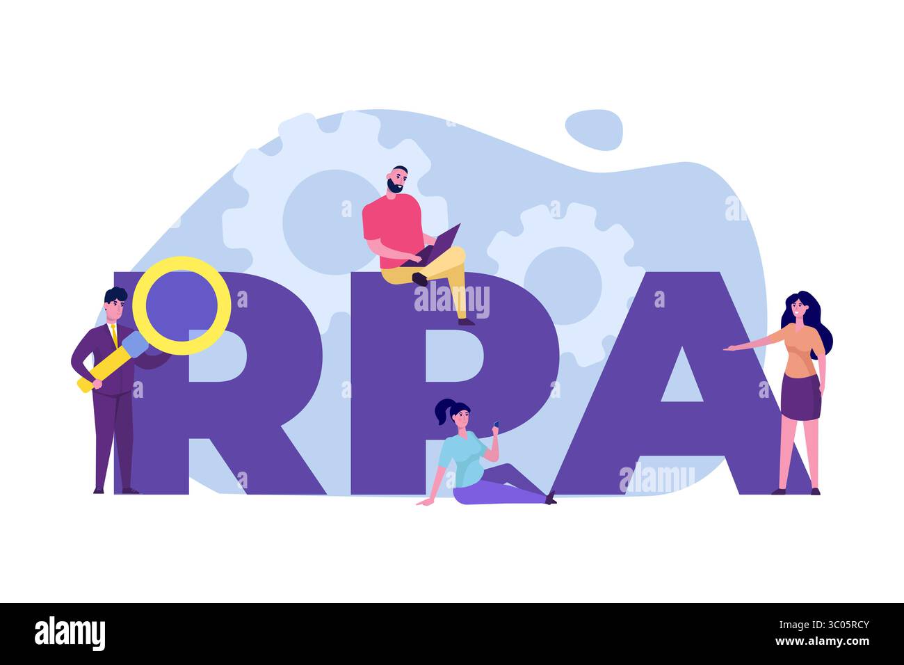 Concetto di automazione dei processi robotica. Iscrizione Micro Around People RPA. Illustrazione vettoriale. Illustrazione Vettoriale