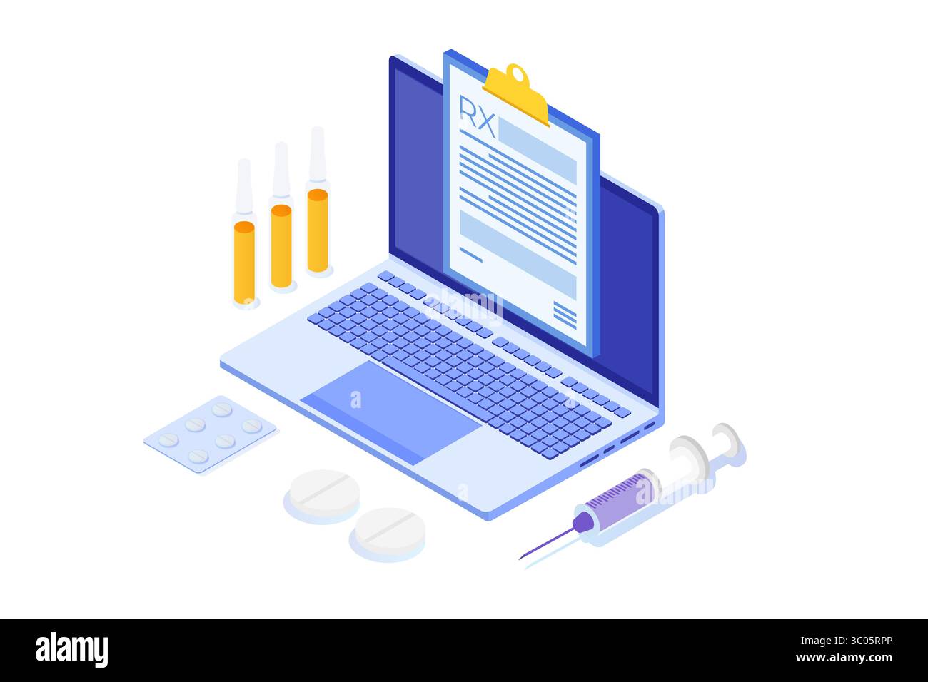 Modulo di prescrizione RX su Appunti sul laptop. Concetto di clinica online. Illustrazione isometrica vettoriale in stile piatto. Illustrazione Vettoriale