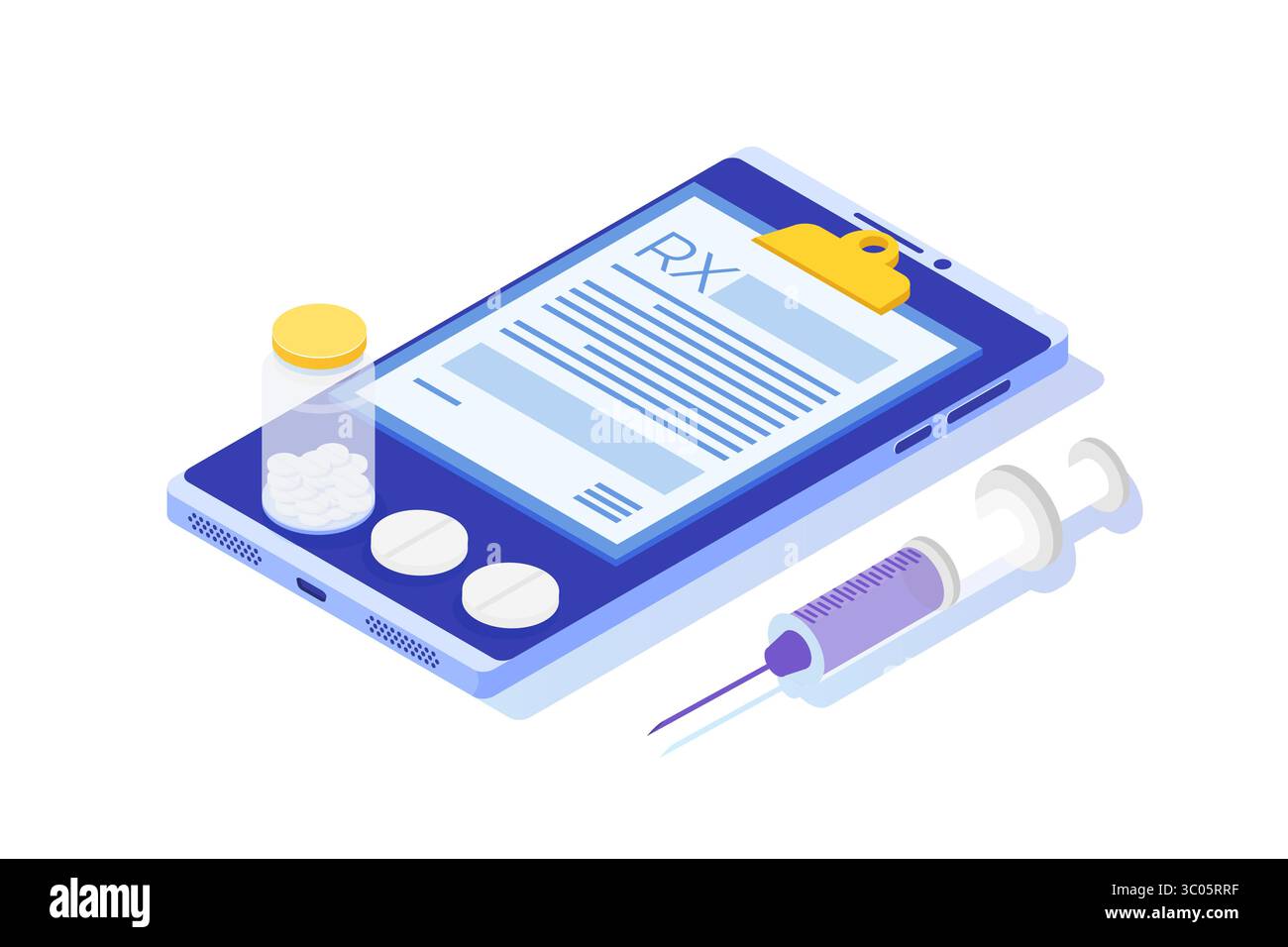 Modulo di prescrizione RX su Appunti sullo smartphone. Concetto di clinica online. Illustrazione isometrica vettoriale in stile piatto. Illustrazione Vettoriale