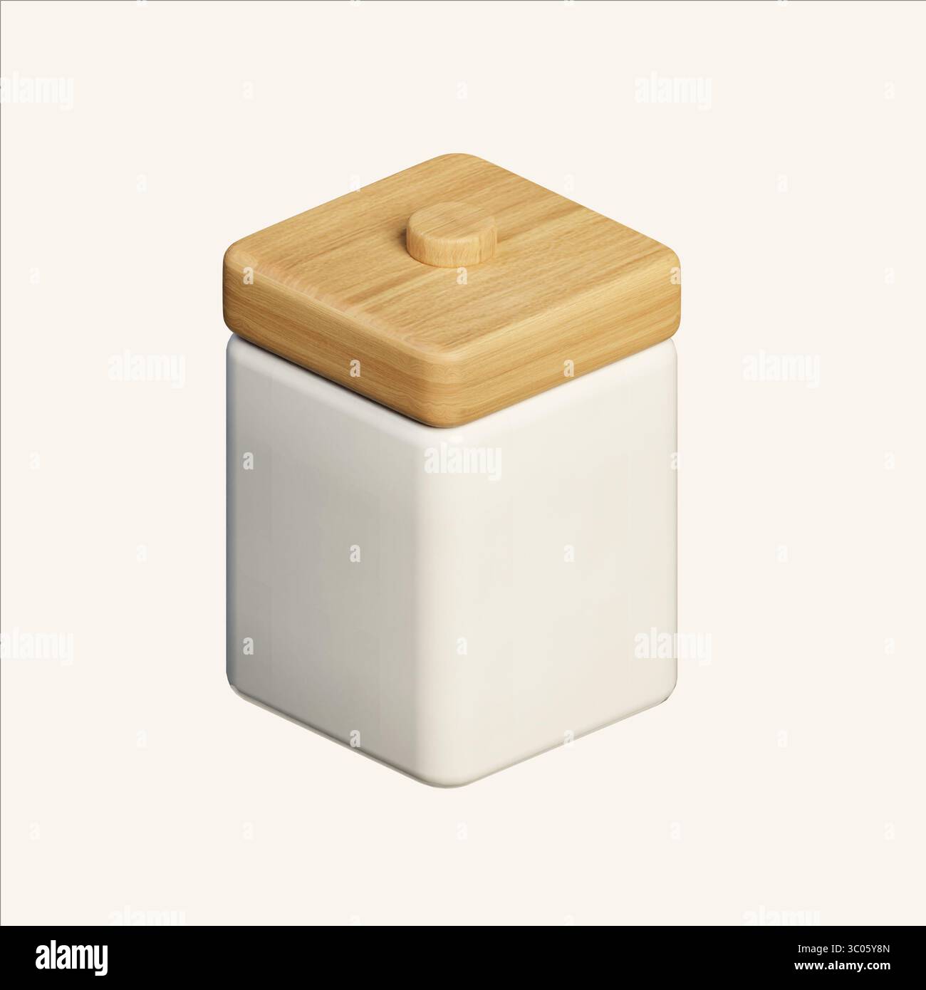 Canister da cucina minimalista con coperchio in legno in stile isometrico. Illustrazione di rendering 3D. Foto Stock