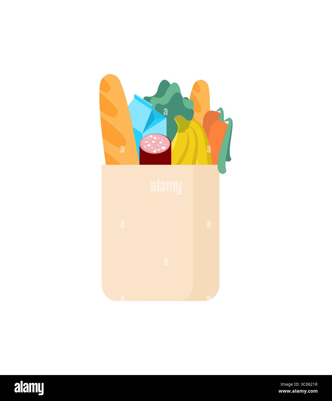 borsa della spesa piena di cibo come pane, verdure e latte. Non viene mostrata alcuna persona. Rappresenta lo shopping, la nutrizione, la consegna o il servizio di ristorazione. Pulire un Illustrazione Vettoriale